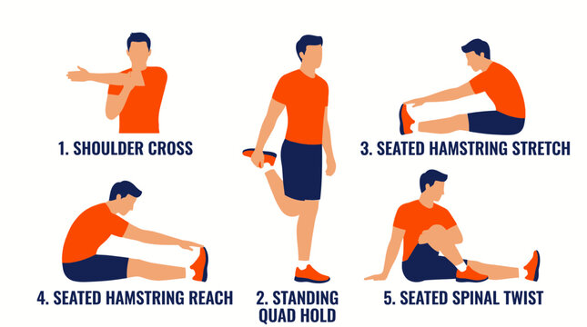 Male office employee in sportswear performing five different stretching exercises including shoulder cross and hamstring stretches, perfect for wellness blogs, health programs and ergonomics guides
