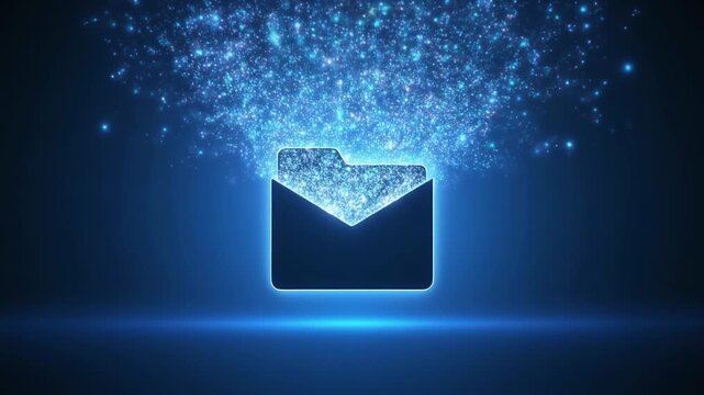Digital Folder Icon Opening and Releasing Glowing Particles in Corporate Blue Theme