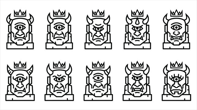 A professional vector asset sheet containing exactly 10 individual gothic cyclops stone faces icons on a white background