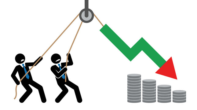 Two financial analysts pulling a rope to lift a falling market trend arrow above decreasing coin stacks, perfect for economic crisis reports, financial loss analysis and market presentations