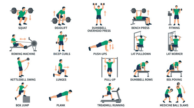 Male executive manager performing various gym exercises and fitness workouts like squat deadlift and bench press, perfect for corporate wellness program, health app and training manual