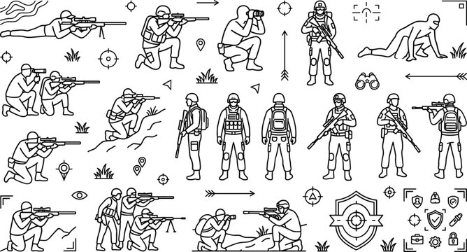 Military Sniper and Soldier Vector Icon Set with Tactical Special Forces Infantry Characters, Targets, and Combat Equipment Designs