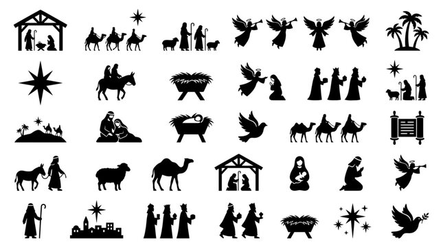 Detailed black nativity silhouettes set featuring Mary Joseph baby Jesus in manger three wise men shepherds and angels, perfect for religious cards church bulletins and Christmas storytelling