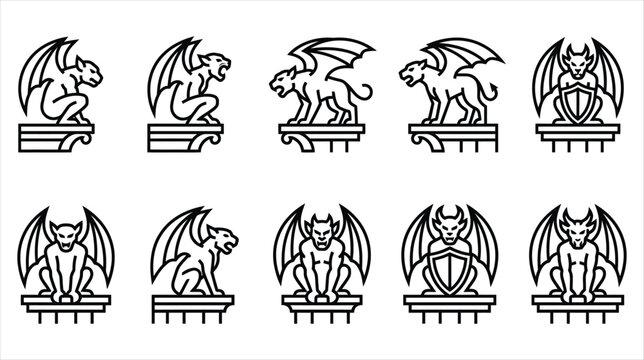 A professional vector asset sheet containing exactly 10 individual gothic gargoyle icons on a white background