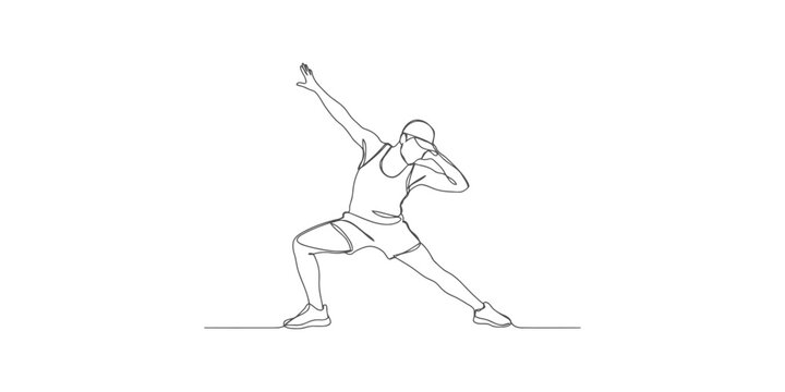Continuous one line drawing of a young man wearing a cap and sportswear doing a dab dance pose or a dynamic fitness stretch exercise in a simple modern artistic style