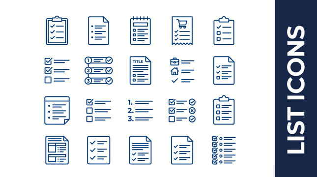 Collection of list and document icons for UI design: checklists, bullets, documents, files, and notes in blue outline style