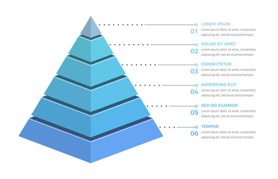 Six tier isometric pyramid infographic template displaying a layered hierarchy structureSix-tier isometric pyramid infographic template displaying a layered hierarchy structure