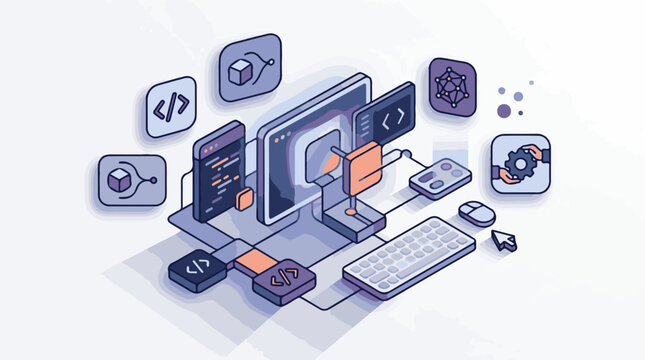 An isometric illustration of a computer with various coding and software development elements
