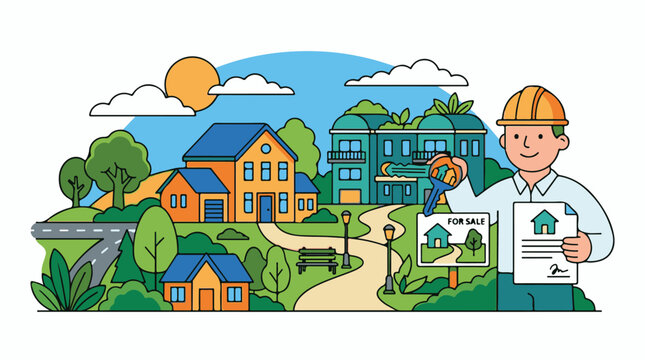 Agent offers key and contract for a house in a suburban neighborhood