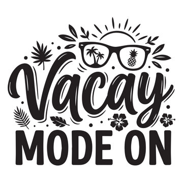 Vacation mode on typographic illustration with sunglasses and tropical elements
