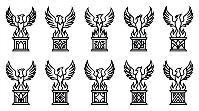 A professional vector asset sheet containing exactly 10 individual gothic phoenix emblems on a white background