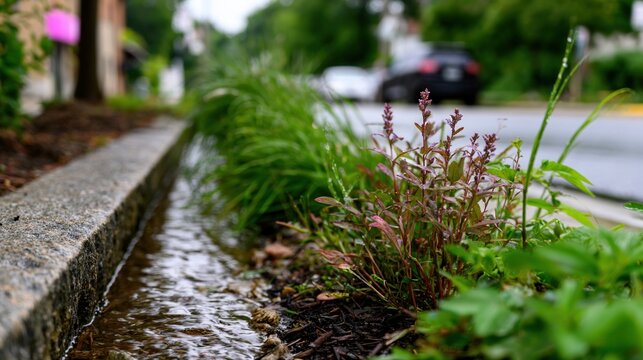 Close-Up of Rain Gathered in a Garden Vegetation Setting