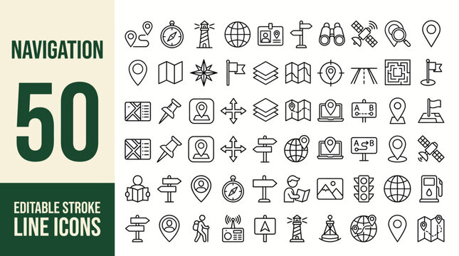 Navigation and Map icon set. Editable line icons. Vector illustration.