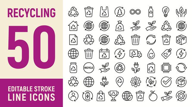 Recycling icon set. Editable line icons. Vector illustration.