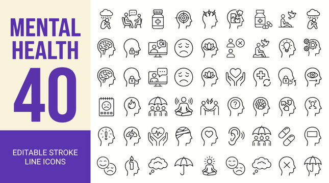 Mental health icon set. Editable line icons. Vector illustration.