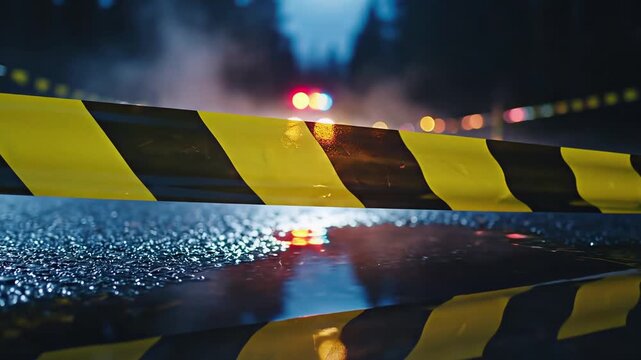 Yellow and black hazard caution barrier on a wet reflective floor with glowing lights marking a restricted industrial danger zone