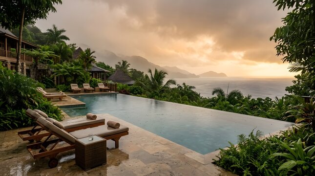 Luxury infinity pool blending into the ocean horizon, surrounded by tropical greenery, soft rain, foggy atmosphere, golden hour lighting, ultra realistic resort scene, premium travel background