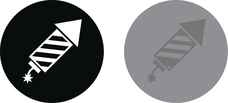 Simple minimalist firework rocket icon designs presented in contrasting black and grey circular button shapes