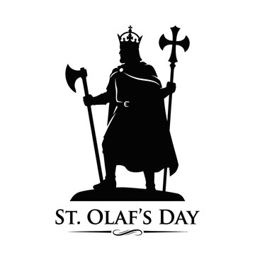 St. Olaf's Day, medieval king, crown, axe, cross, black silhouette, royalty, Scandinavian celebration isolated on White Background