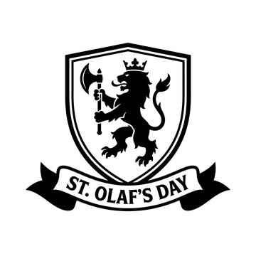 St. Olaf's Day heraldic shield emblem, medieval crowned lion holding battle axe, black and white vector coat of arms isolated on White Background