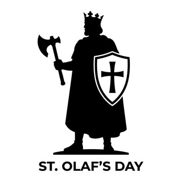 Medieval king, St. Olaf's Day, crowned warrior, black silhouette, shield and axe isolated on White Background