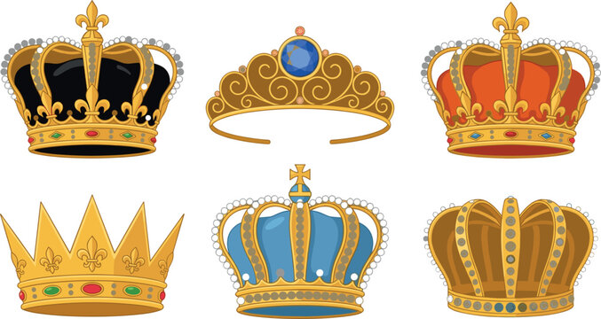 Golden Royal Crown Vector Illustration Set with Luxury King Queen Imperial Diadem and Tiara Icons Decorated with Jewels and Pearls