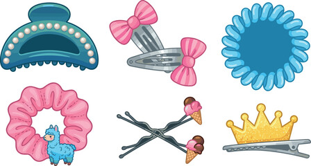 Cute Hair Accessories Vector Illustration Set with Pink Bow Clips Crown Barrette Alpaca Scrunchie Pearl Claw Clip Spiral Band and Ice Cream Bobby Pins © MstTazmina
