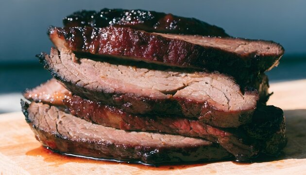 Stack of sliced smoked beef brisket with dark charred bark on a wooden board meat