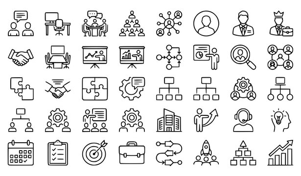 Business strategy and management icons set linear style