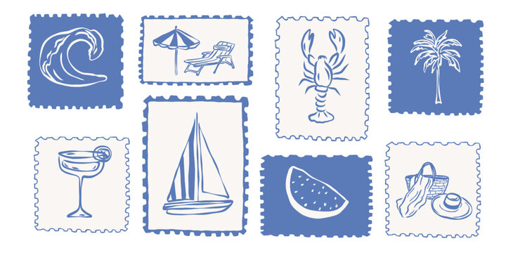 Flat vector blue mediterranean stamps set