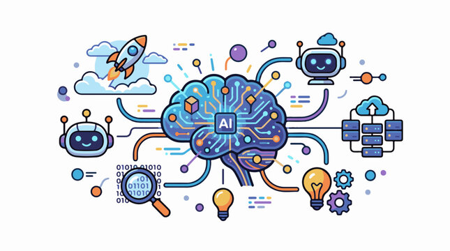 AI brain with bots rocket cloud and server