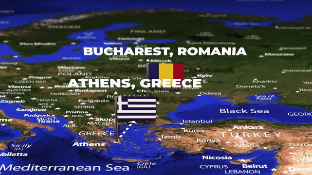 Flight From Athens GREECE to Bucharest ROMANIA with flag pins