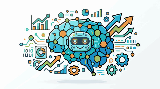 AI brain with data charts circuits binary and gears