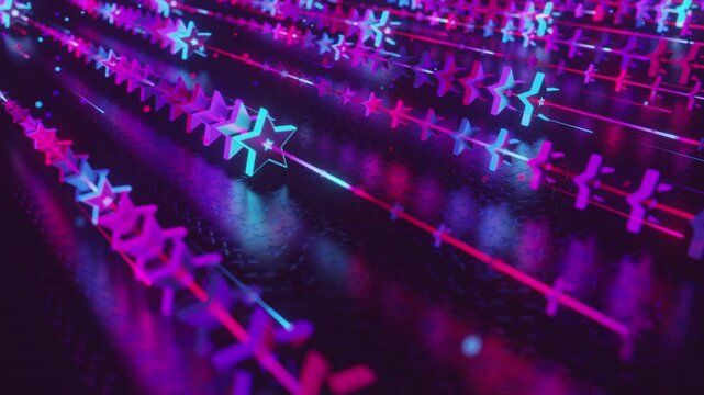 Futuristic abstract wall with glowing geometric stars. Seamless VJ loop of a rhythmic digital structure and pattern, creative motion background for electronic music festivals and stage displays.