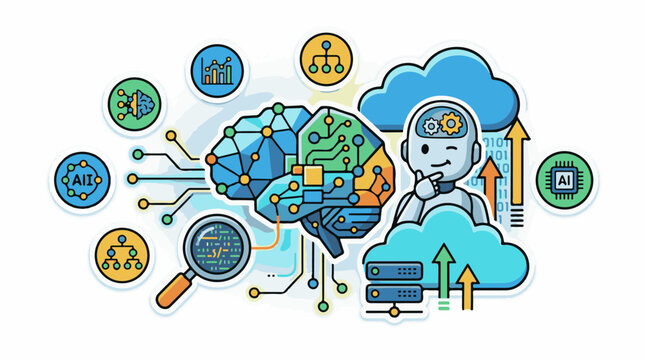 AI brain with robot clouds data and analysis icons