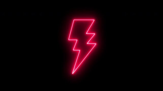 Neon red bolt icon on black background Glowing neon battery icon. Glowing battery fast charging. 4K video