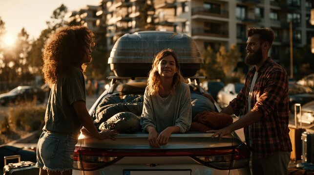 Friends Loading Rooftop Cargo Box for Trip