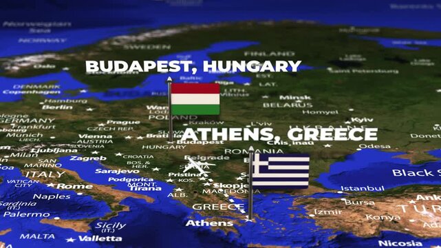 Flight From Athens GREECE to Budapest HUNGARY with flag pins