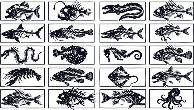 Black and white of various fish species, isolated on white background, marine