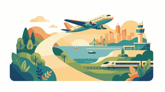 Airplane taking off over a landscape with city train and water