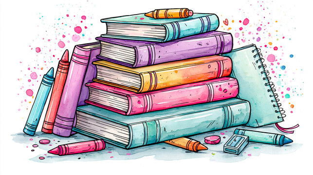A colorful illustration of a stack of books, crayons, a notebook, and an eraser with paint splatters in the background.