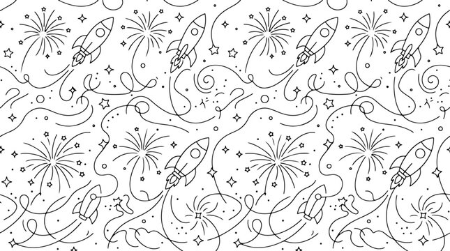 Seamless pattern with hand drawn rockets, fireworks and stars
