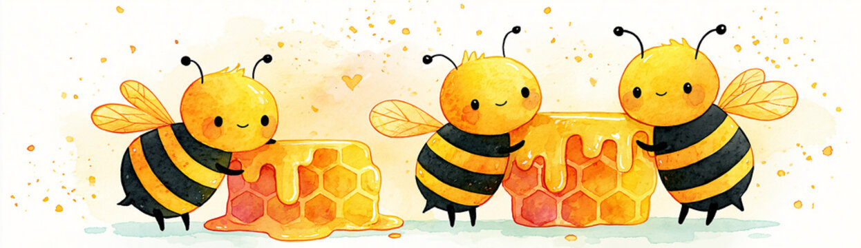 Three cheerful bees hover around honeycombs dripping with golden honey, surrounded by tiny hearts and splashes.