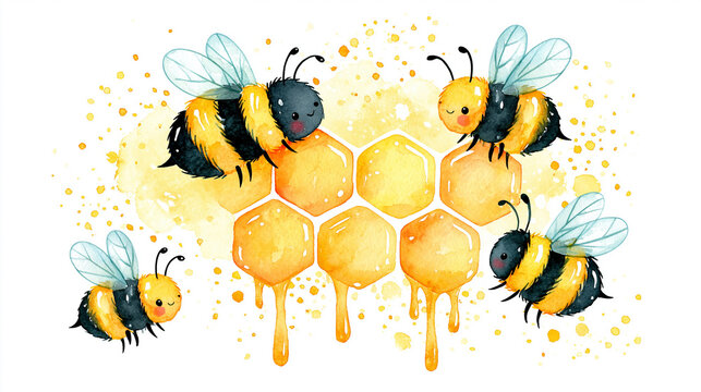 Four cute bees gather around a dripping honeycomb, surrounded by golden sparkles, in a whimsical watercolor style.