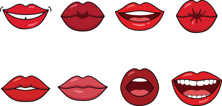 Red glossy lips showing diverse facial expressions and emotions
