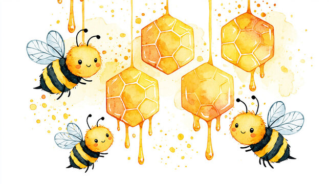 Cute watercolor illustration of three bees flying around four dripping honeycombs with honey drops.
