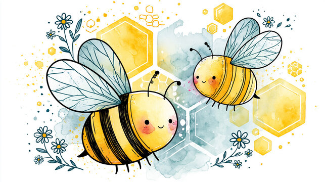 Two cute bees with watercolor hexagons and flowers create a whimsical, cheerful scene celebrating nature and pollination.