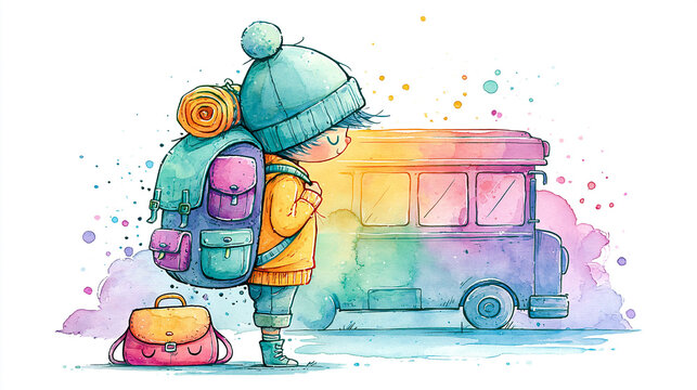 A young child in winter clothing with a backpack waits by a colorful bus, surrounded by a whimsical, watercolor-style background.