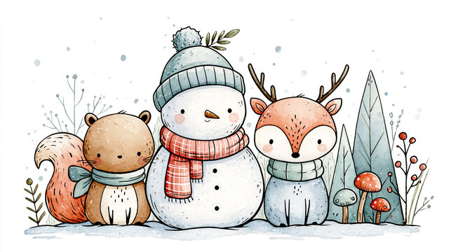 A charming winter scene featuring a squirrel, snowman, and fox wearing scarves, surrounded by trees and mushrooms, illustrated in a cute, whimsical style.