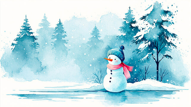 A cheerful snowman wearing a blue hat and pink scarf stands in a snowy forest with tall pine trees and softly falling snow.